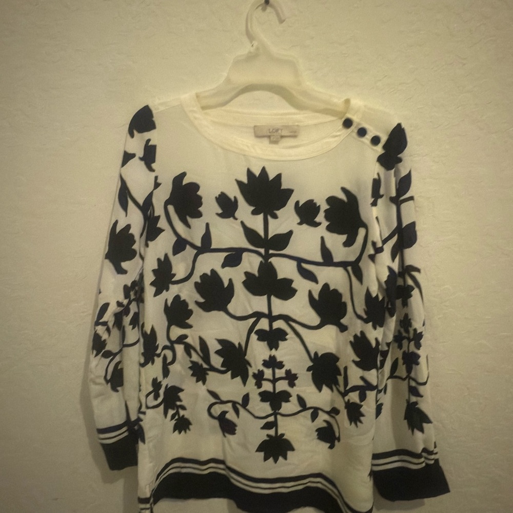 LOFT Cream and Black Floral Top